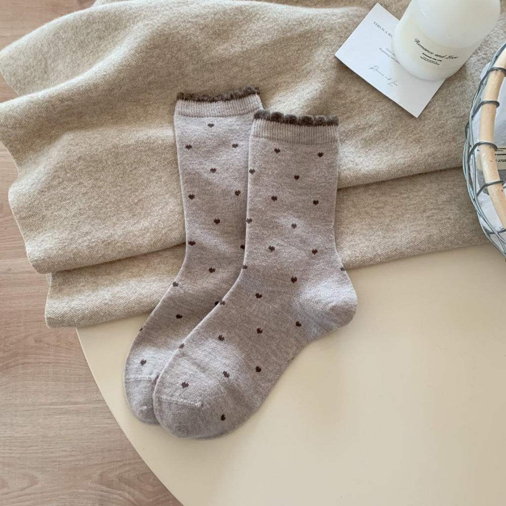 Heart Dot Scalloped Trim Crew Socks - LightTaupe