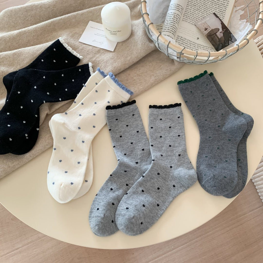 Heart Dot Scalloped Trim Crew Socks