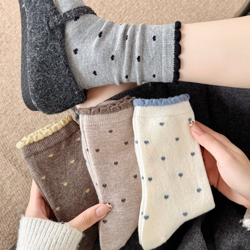 Heart Dot Scalloped Trim Crew Socks - view 2