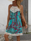 Boho Crochet Halter Tassel Hem Mini Dress - LakeBlue