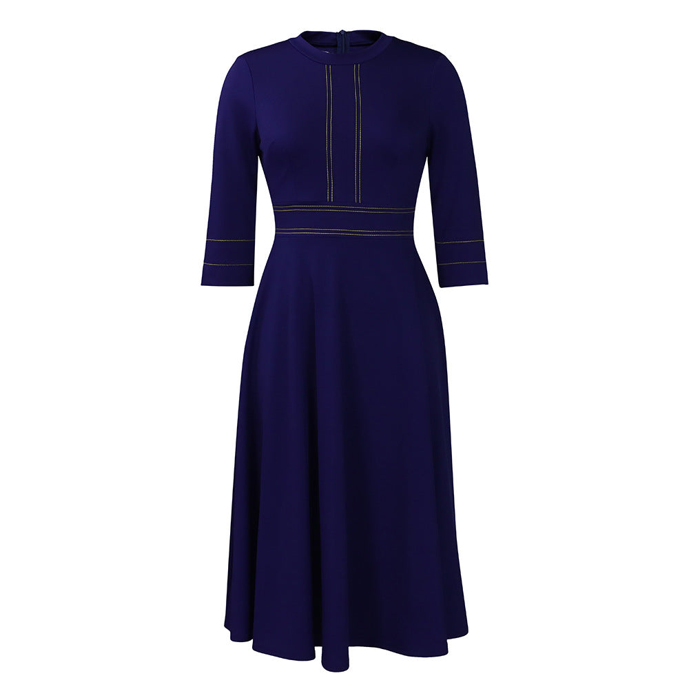 Mock Neck Contrast Stitch Fit And Flare Midi Dress - DarkBlue - 1