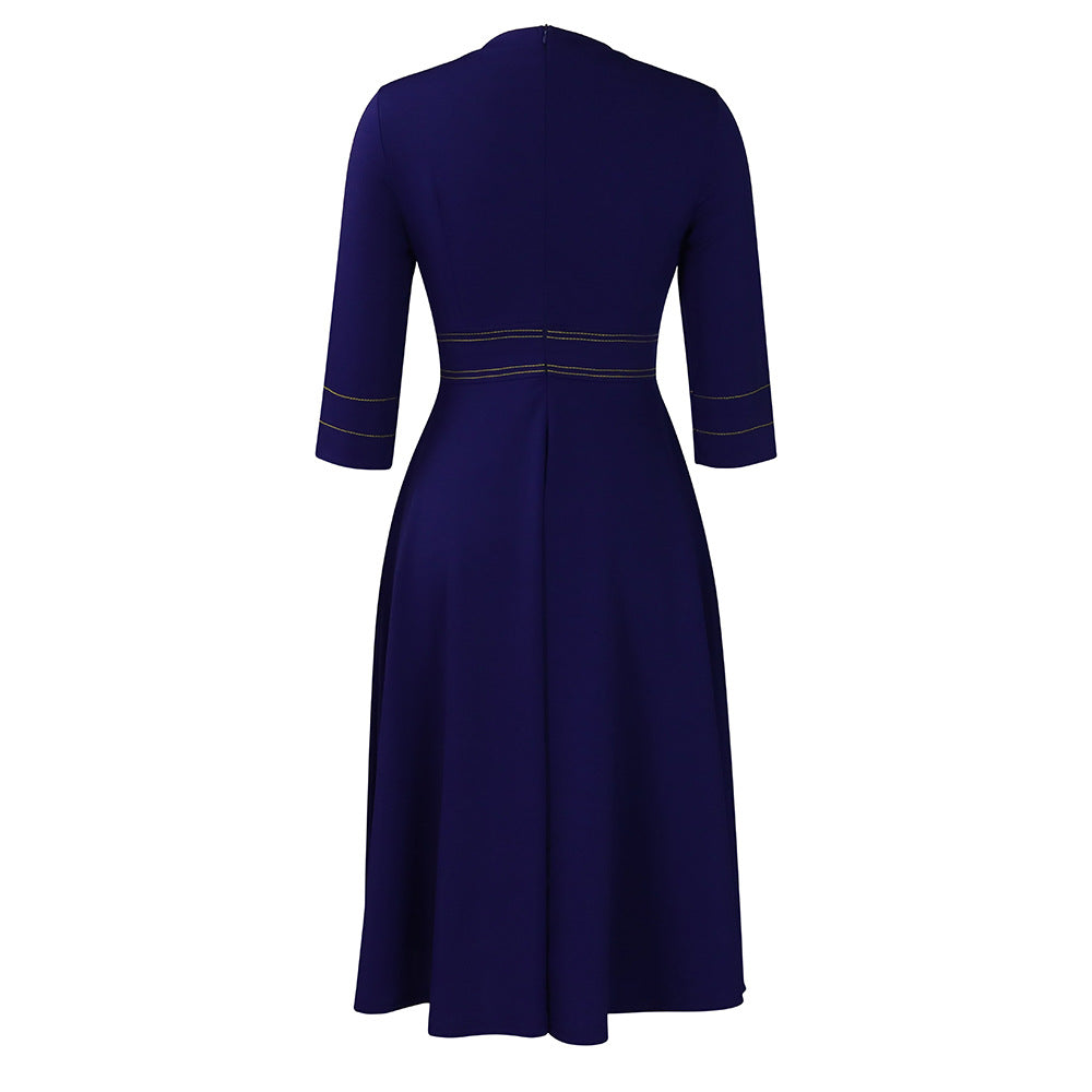 Mock Neck Contrast Stitch Fit And Flare Midi Dress - DarkBlue - 2