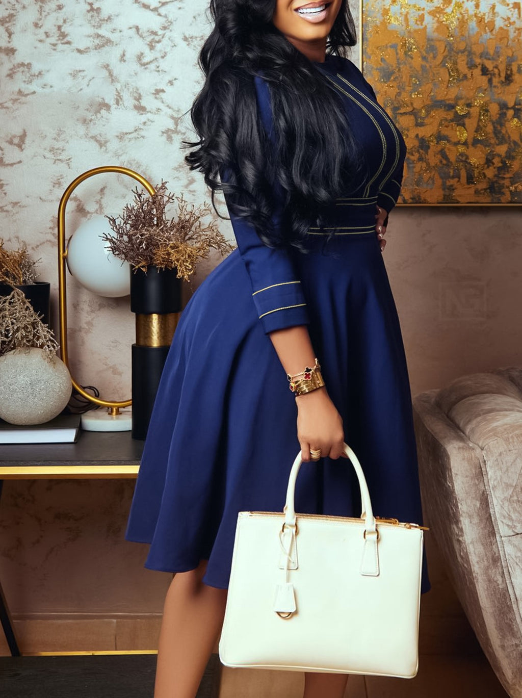 Mock Neck Contrast Stitch Fit And Flare Midi Dress - DarkBlue - 3