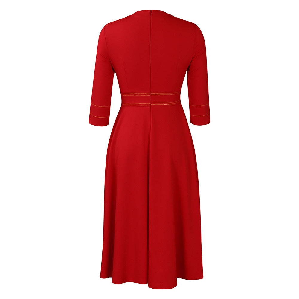 Mock Neck Contrast Stitch Fit And Flare Midi Dress - Red - 1