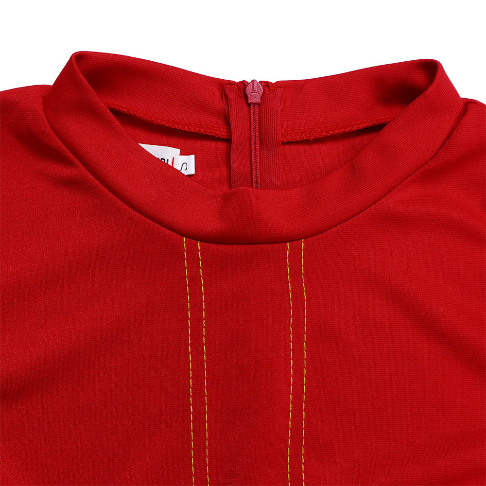 Mock Neck Contrast Stitch Fit And Flare Midi Dress - Red - 2