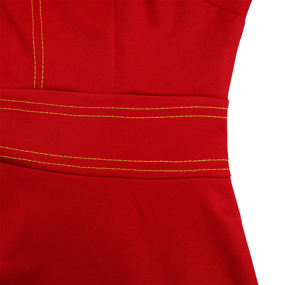 Mock Neck Contrast Stitch Fit And Flare Midi Dress - Red - 5