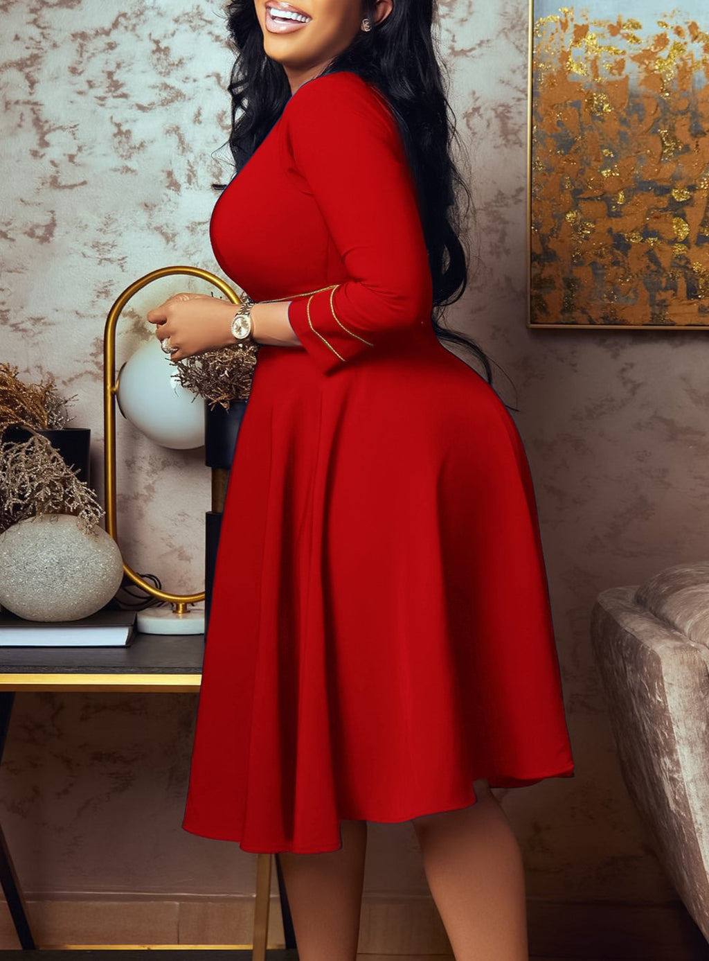 Mock Neck Contrast Stitch Fit And Flare Midi Dress - Red - 6