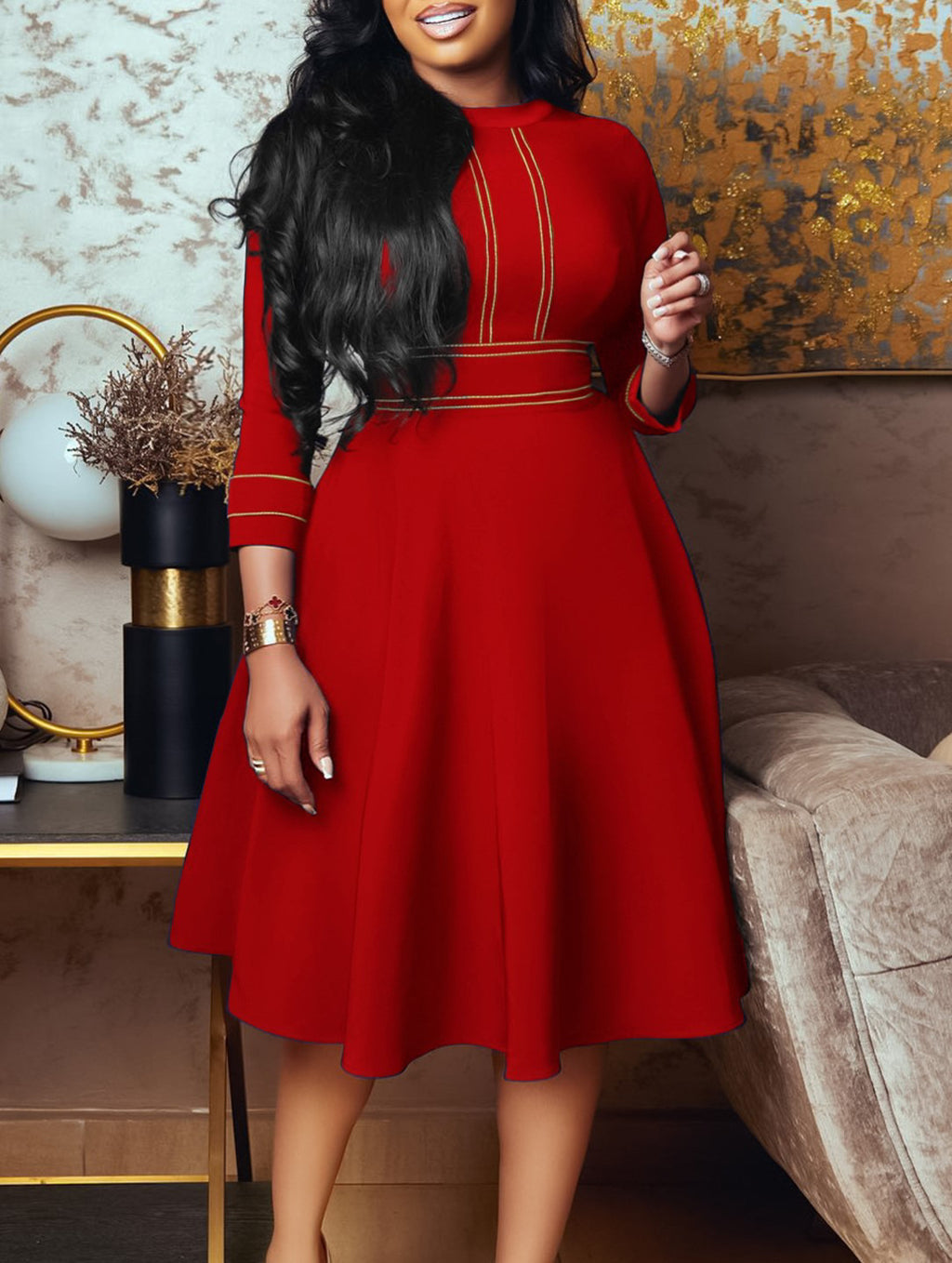Mock Neck Contrast Stitch Fit And Flare Midi Dress