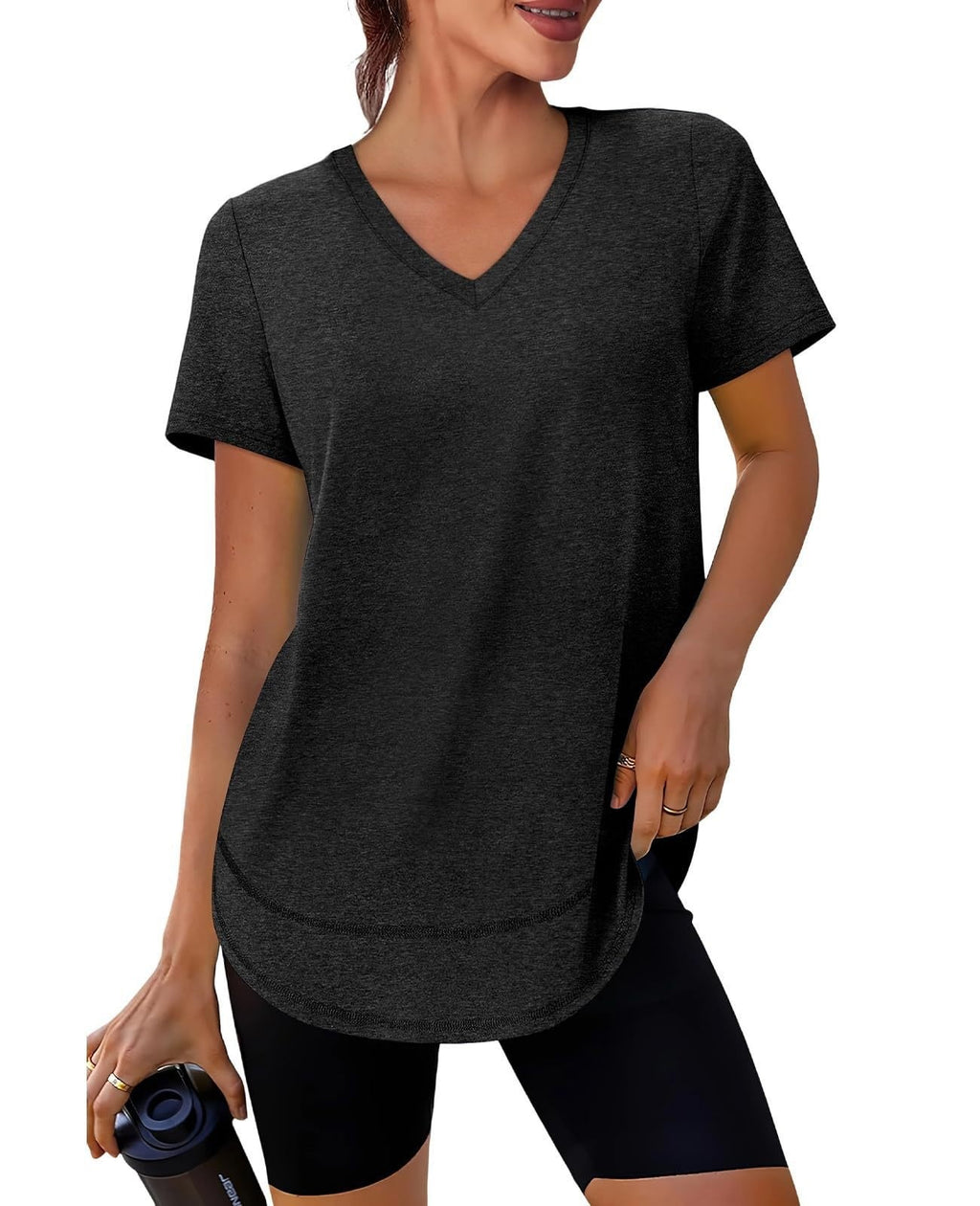 Brushed V Neck Curved Hem Loose Workout Tee - Charcoal