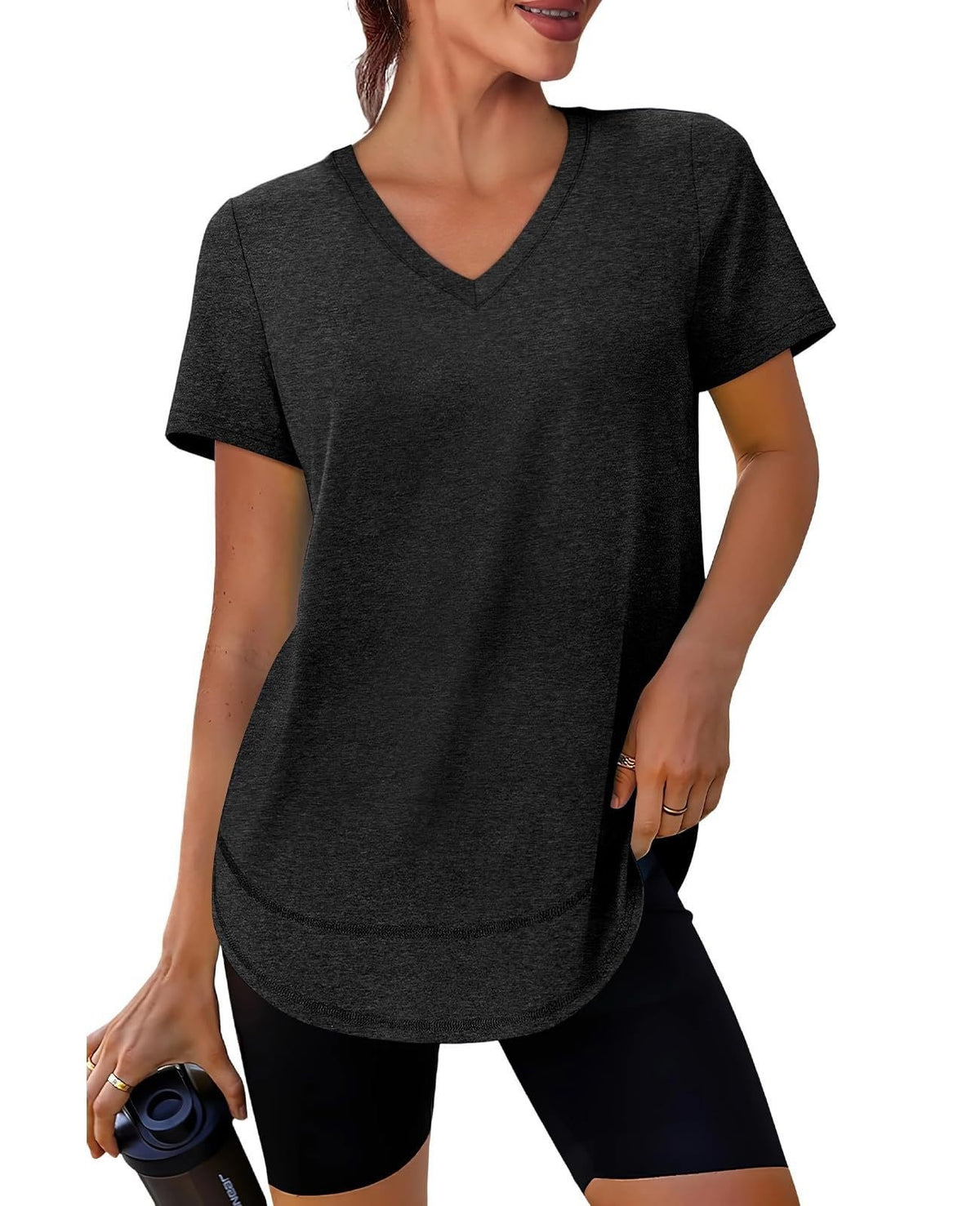 Brushed V Neck Curved Hem Loose Workout Tee - Charcoal