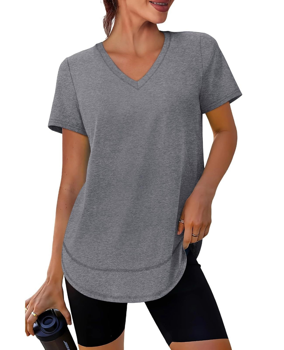 Brushed V Neck Curved Hem Loose Workout Tee