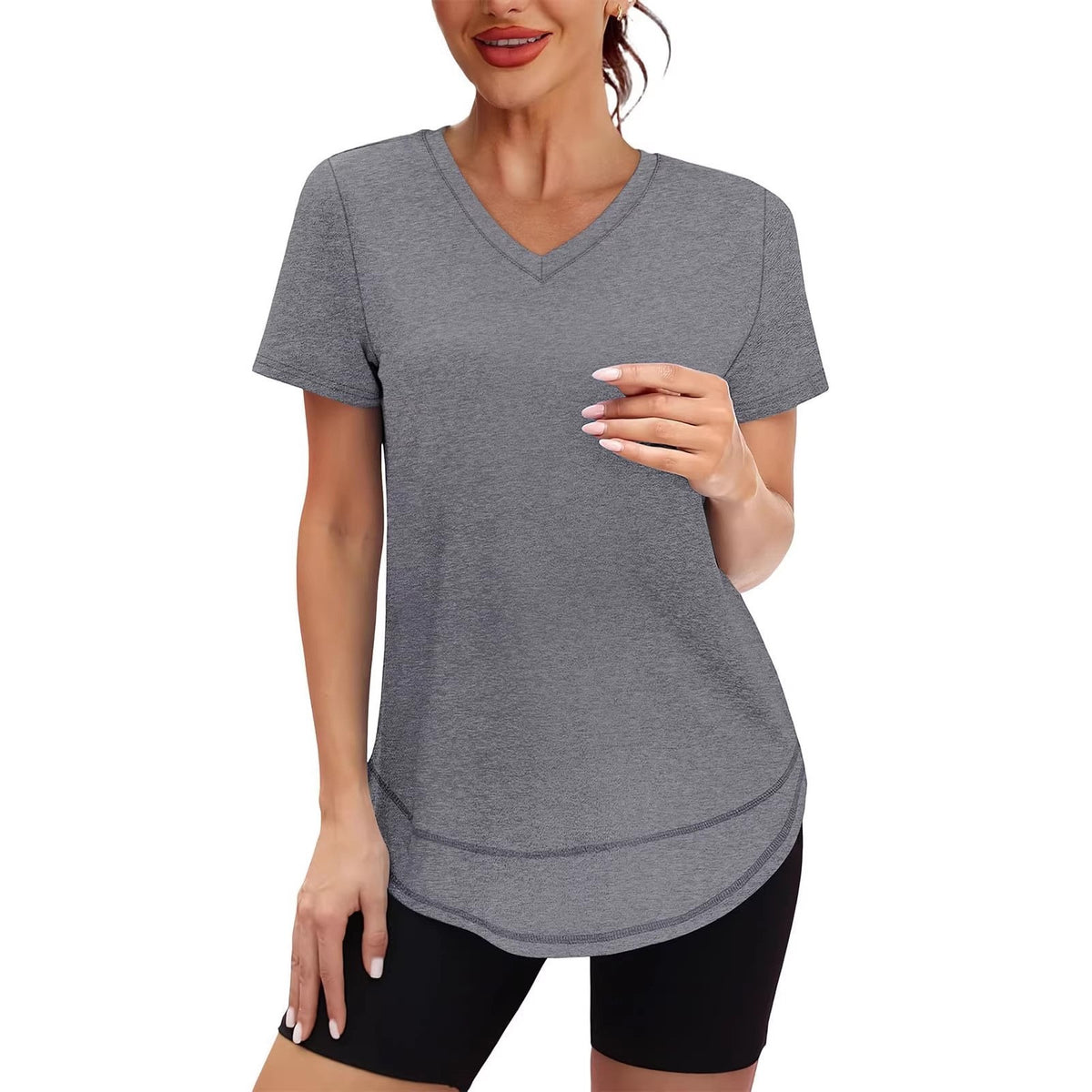 Brushed V Neck Curved Hem Loose Workout Tee