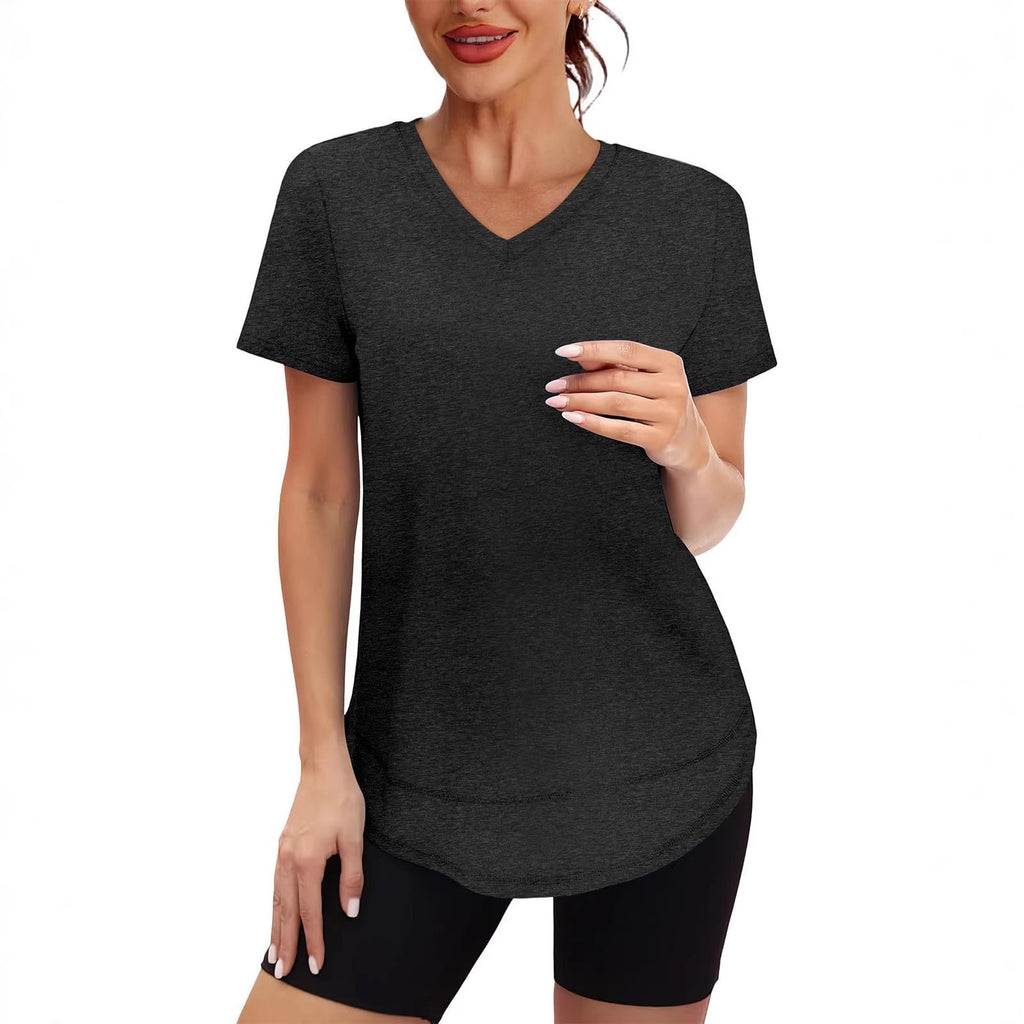 Brushed V Neck Curved Hem Loose Workout Tee