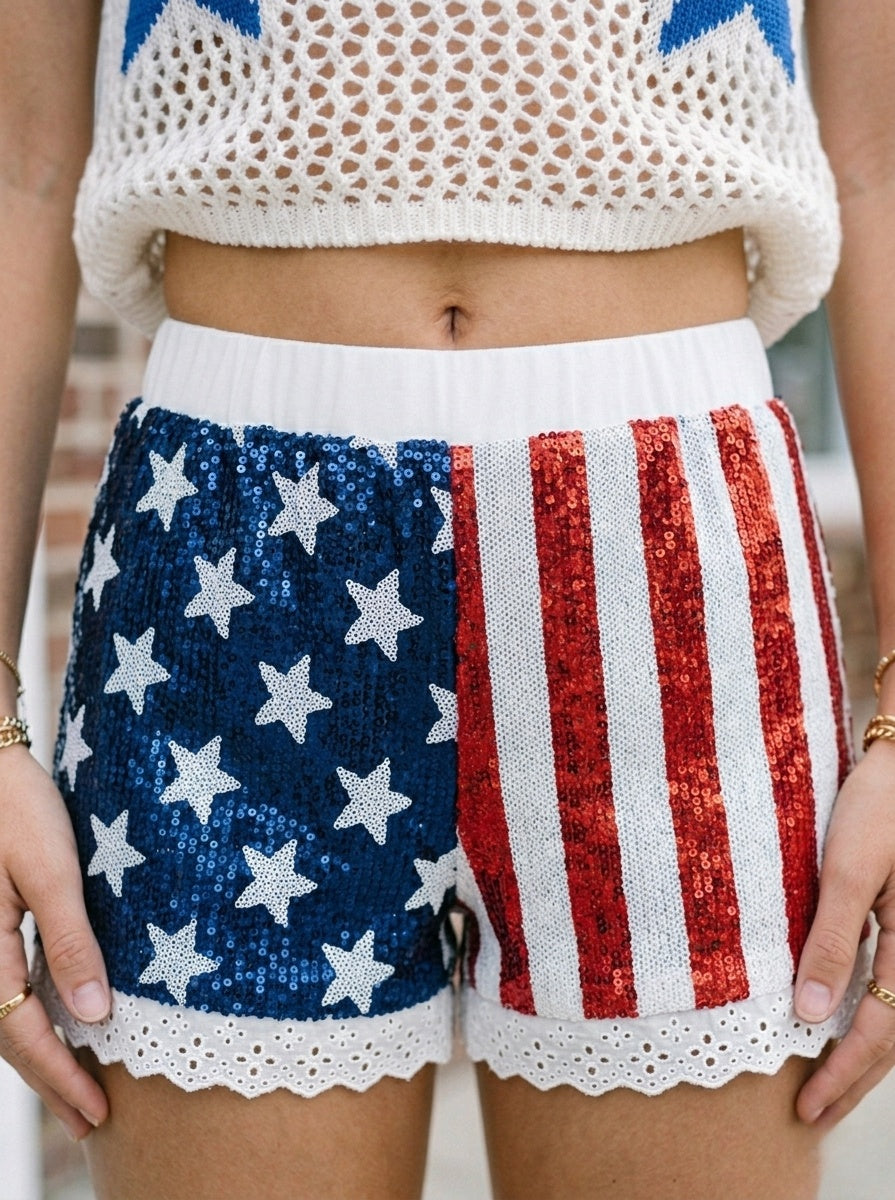 Americana Sequin Shorts With Ruffled Lace Trim - Blue