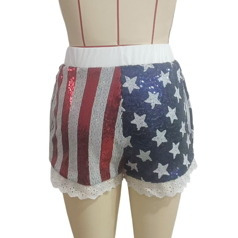 Americana Sequin Shorts With Ruffled Lace Trim - Blue - 1