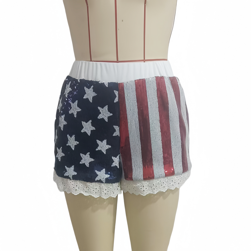 Americana Sequin Shorts With Ruffled Lace Trim - Blue - 3