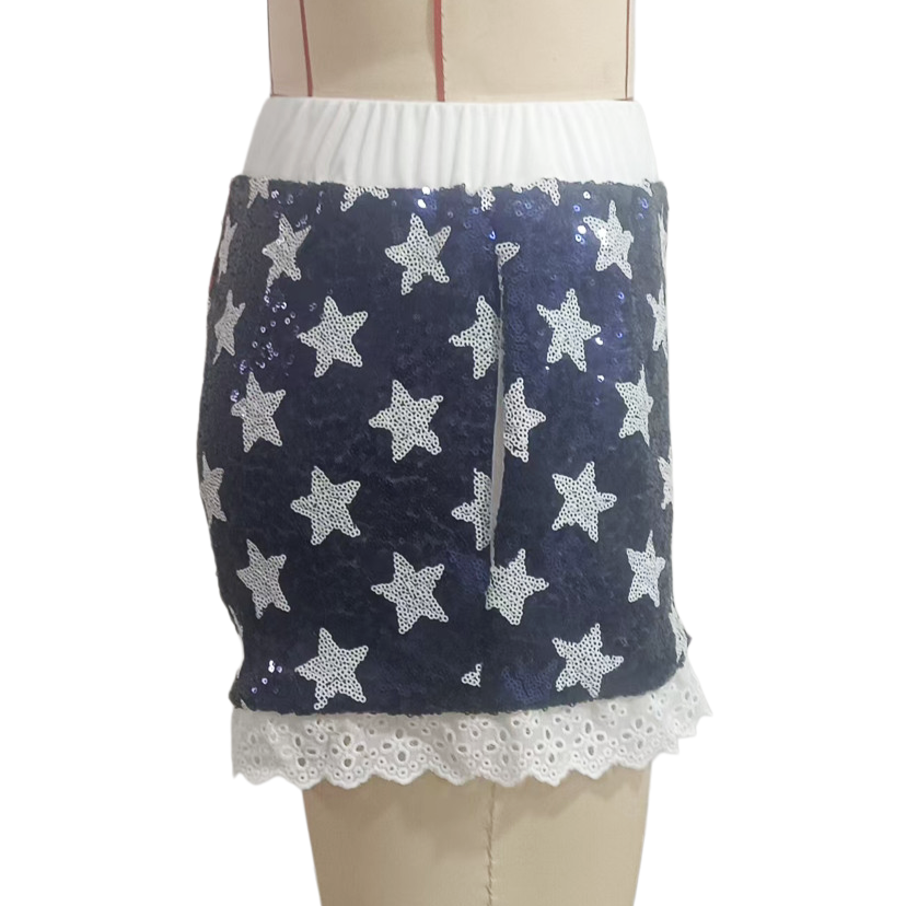Americana Sequin Shorts With Ruffled Lace Trim - Blue - 4