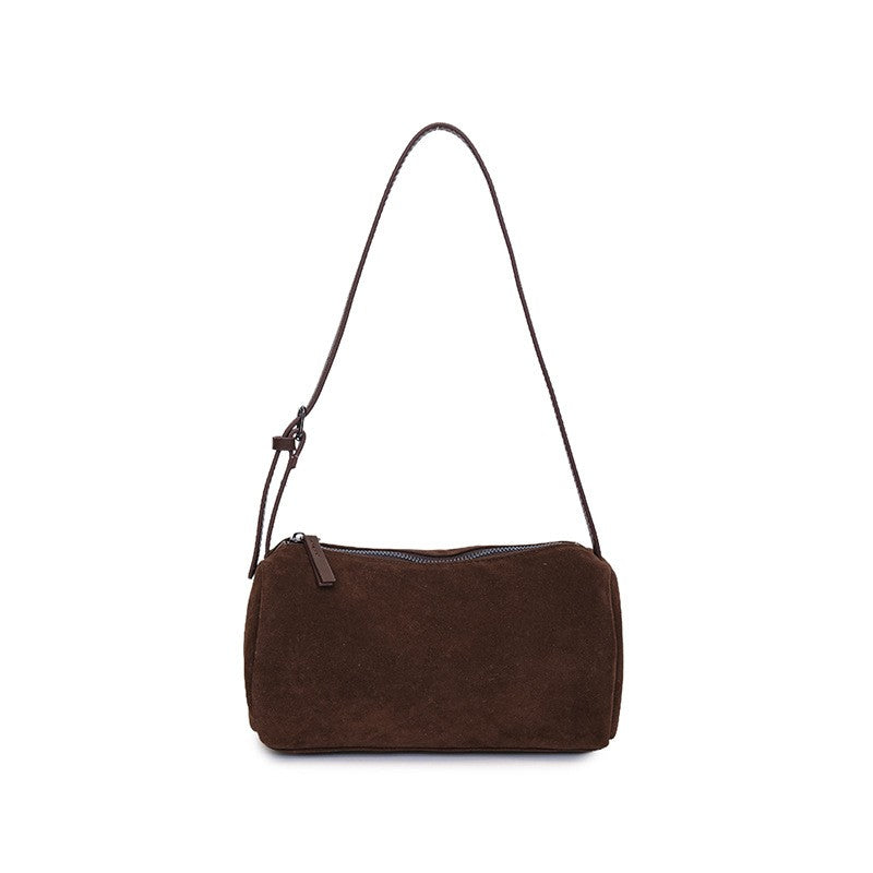 Barrel Shoulder Bag with Knotted Strap - Coffee Suede