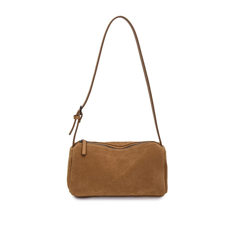 Barrel Shoulder Bag with Knotted Strap - Tan Suede