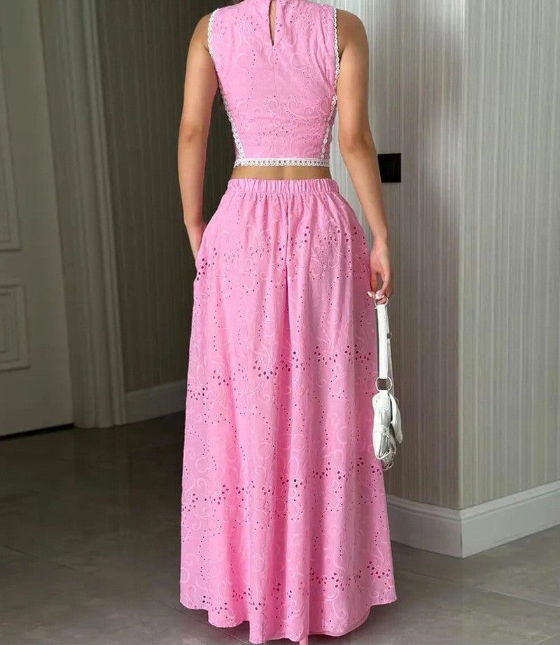 Eyelet Sleeveless Vest And Maxi Skirt Set - Pink - 2