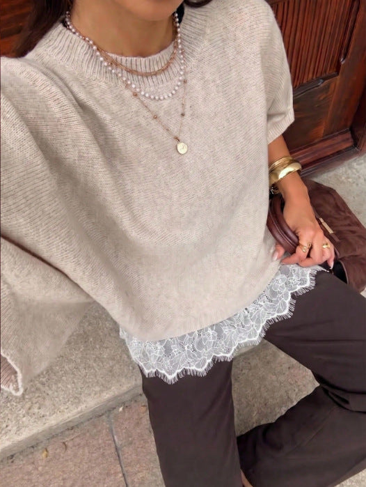 Batwing Sleeve Knit Sweater with Lace Hem Trim - Oatmeal - 1