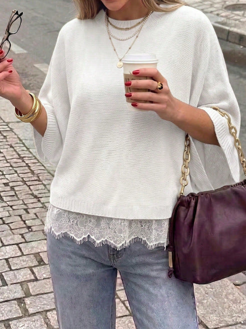 Batwing Sleeve Knit Sweater with Lace Hem Trim - White - 1