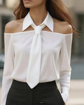 Cutout Shoulder Necktie Collared Shirt - White