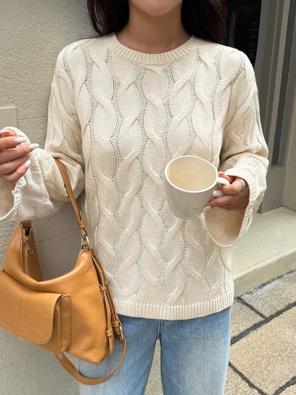 Everyday Cable Knit Crew Neck Sweater - Apricot