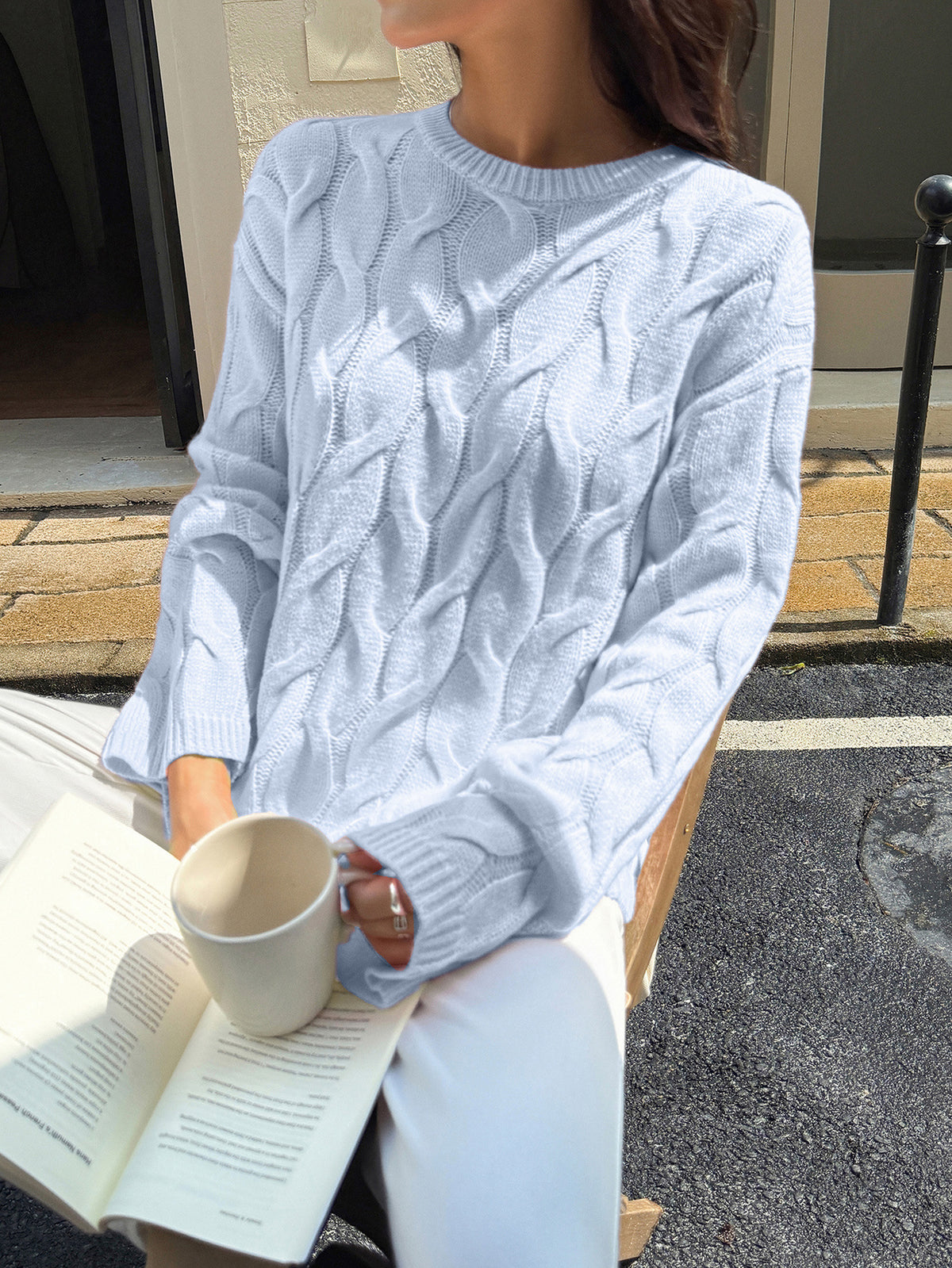 Everyday Cable Knit Crew Neck Sweater - Blue - 1