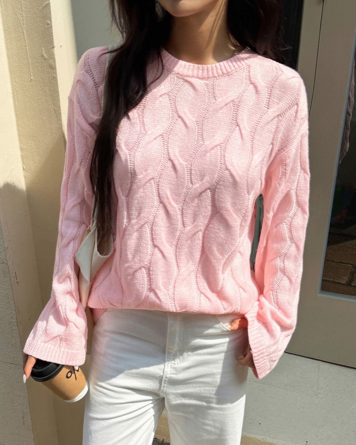 Everyday Cable Knit Crew Neck Sweater - Pink