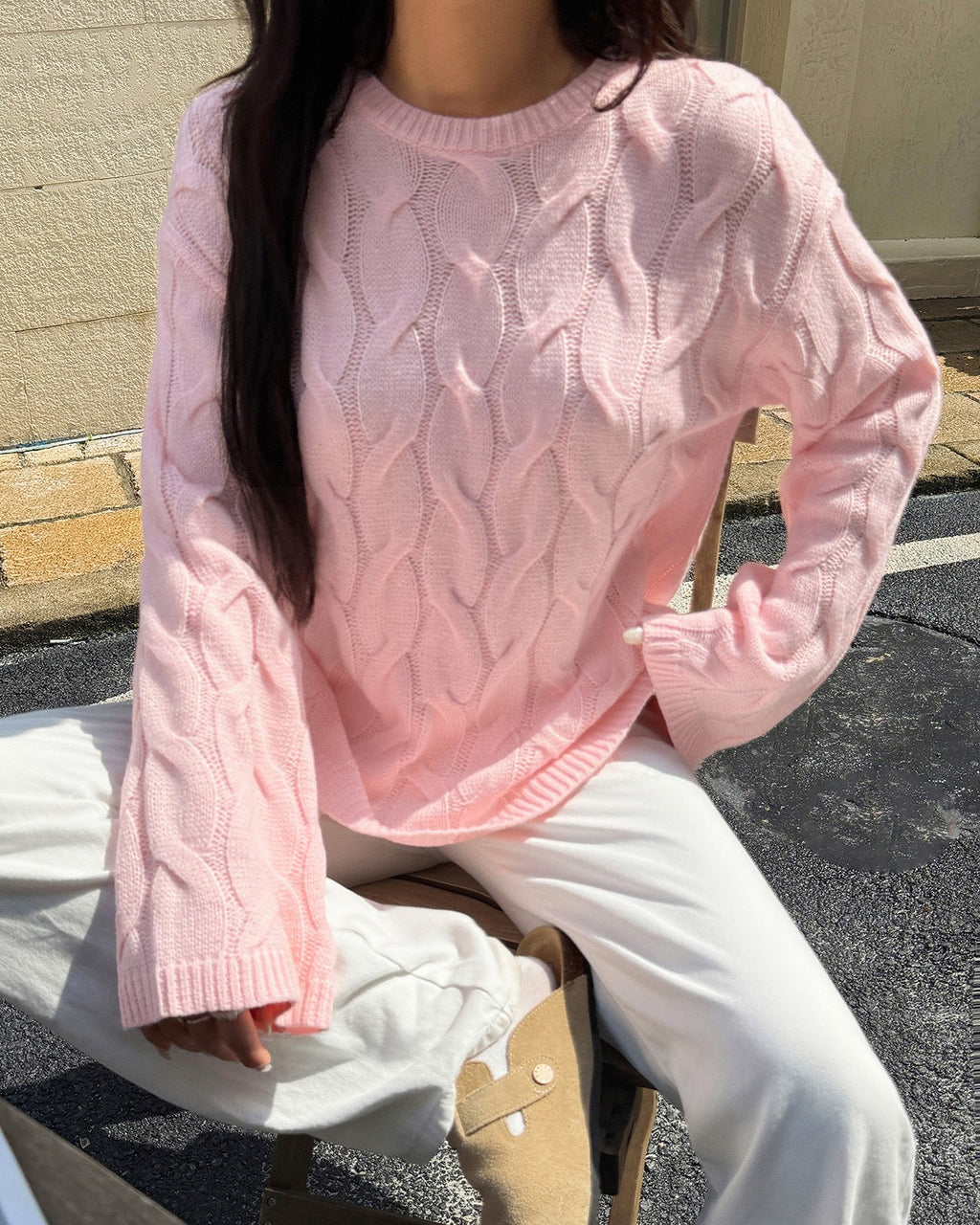 Everyday Cable Knit Crew Neck Sweater - Pink - 1