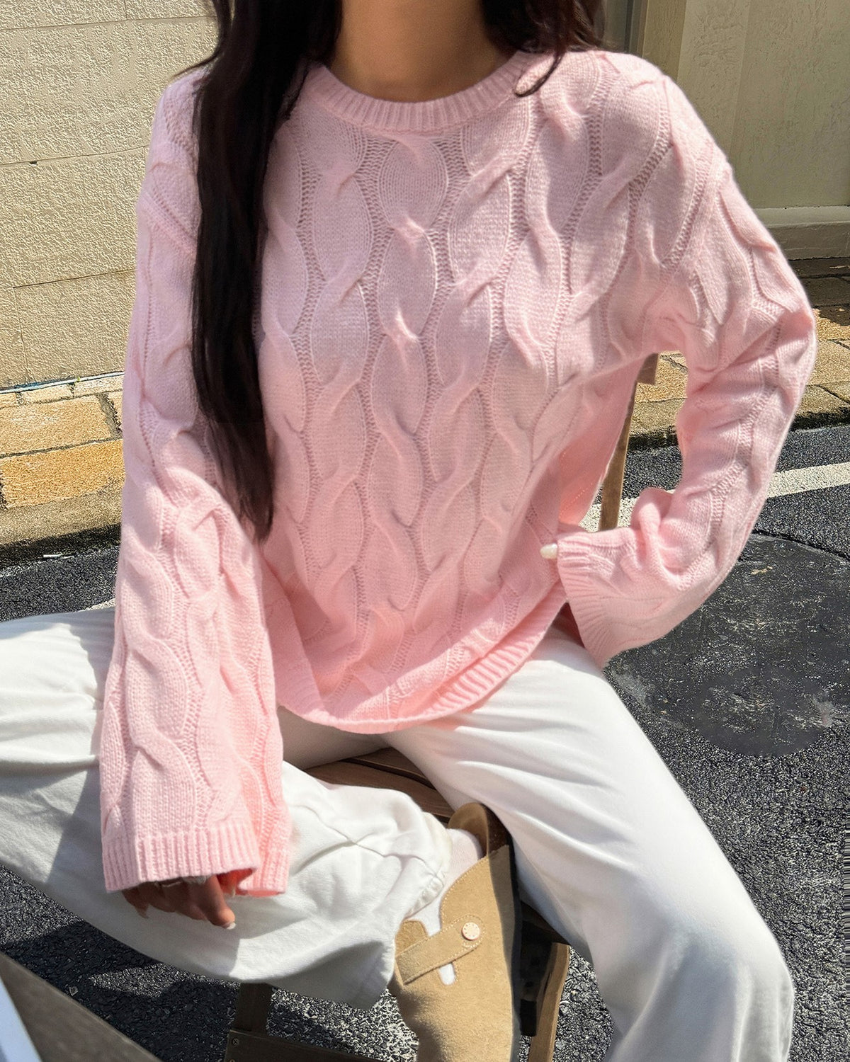 Everyday Cable Knit Crew Neck Sweater - Pink - 1