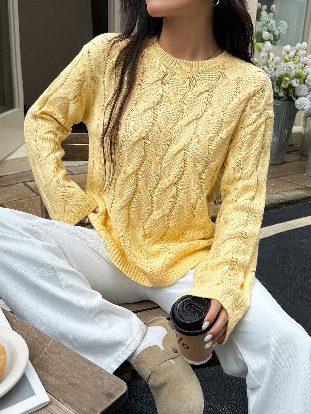 Everyday Cable Knit Crew Neck Sweater - Yellow - 1