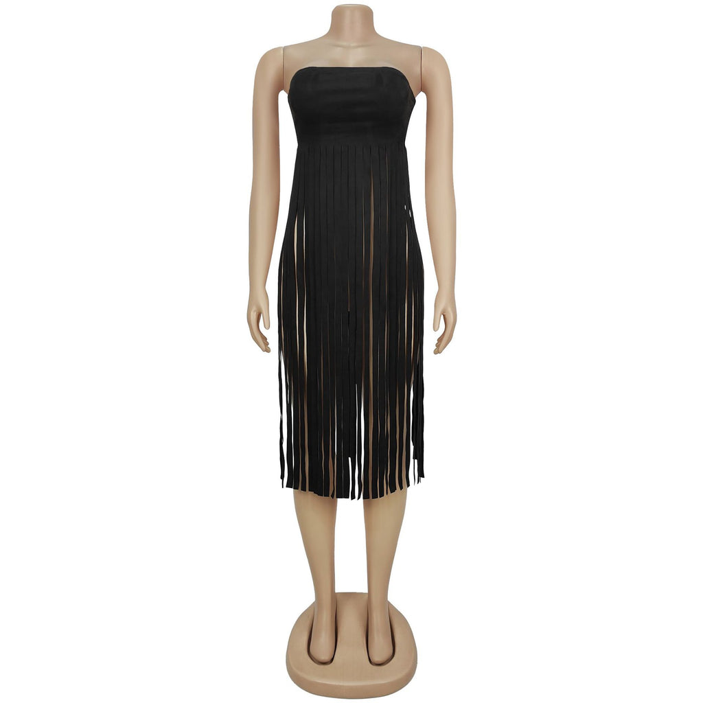 Western Bandeau Top With Long Fringe - Black