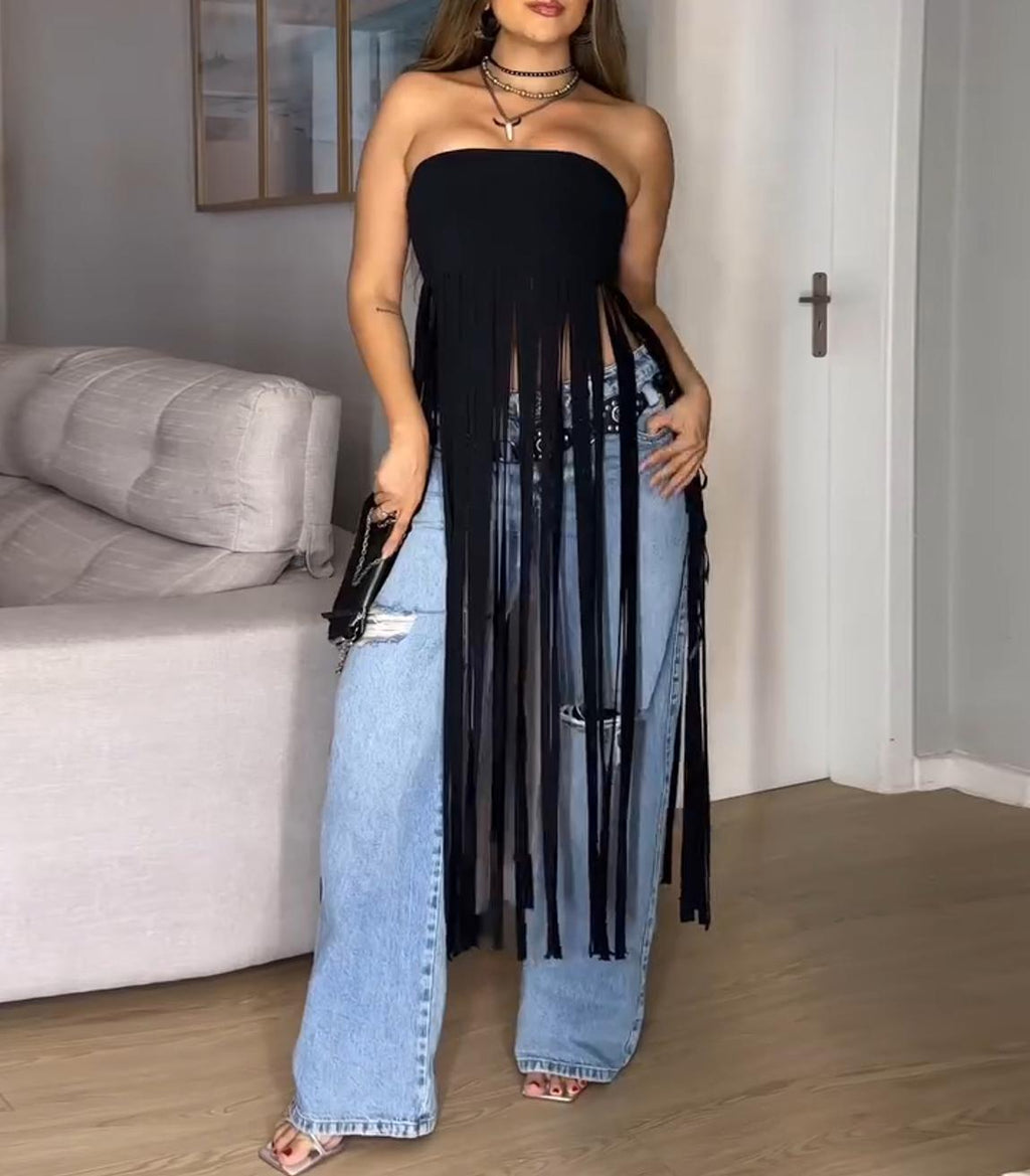 Western Bandeau Top With Long Fringe - Black - 2