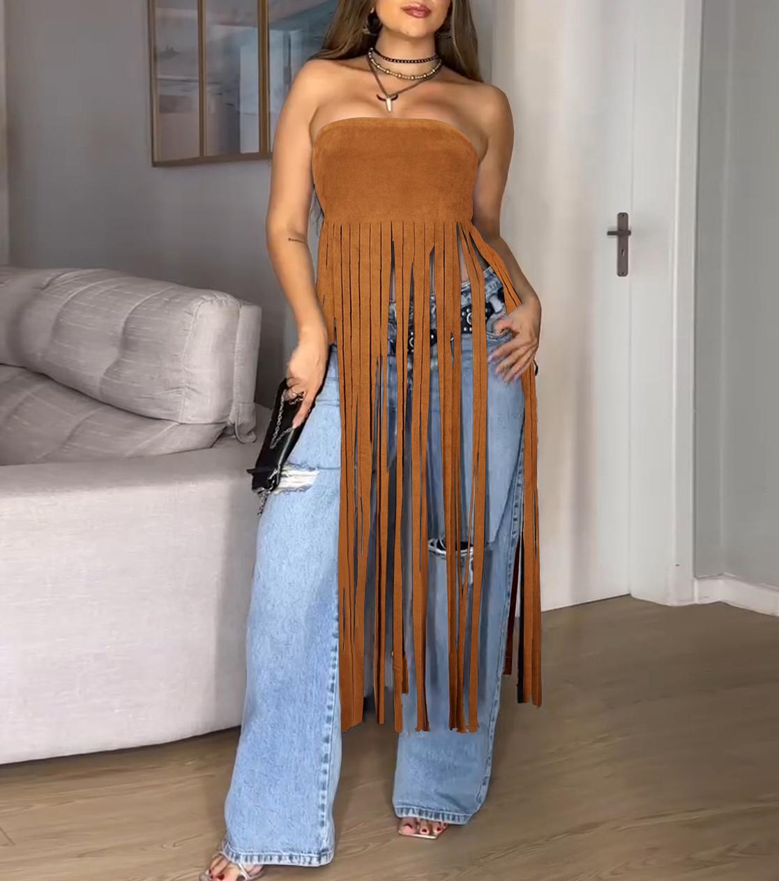 Western Bandeau Top With Long Fringe - Brown