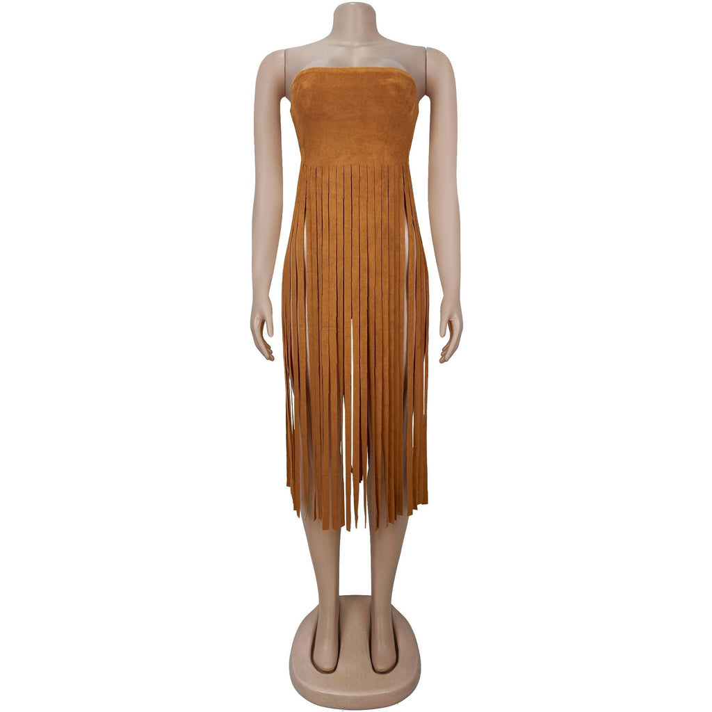 Western Bandeau Top With Long Fringe - Brown - 1