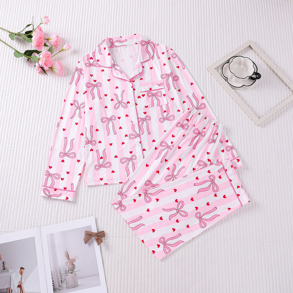 Bow Heart Print Long Sleeve Pajama Set - Pink