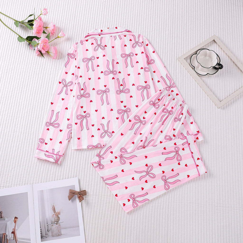 Bow Heart Print Long Sleeve Pajama Set - Pink - 1