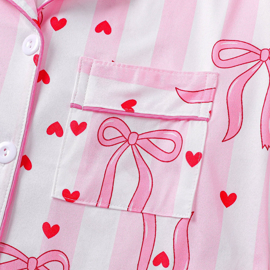 Bow Heart Print Long Sleeve Pajama Set - Pink - 3