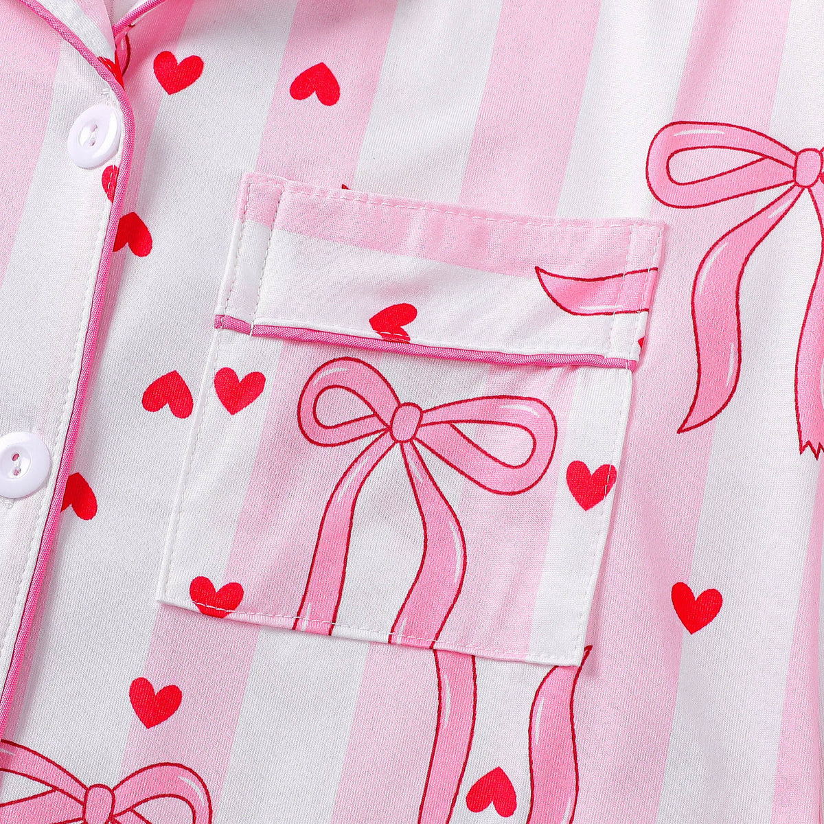 Bow Heart Print Long Sleeve Pajama Set - Pink - 3