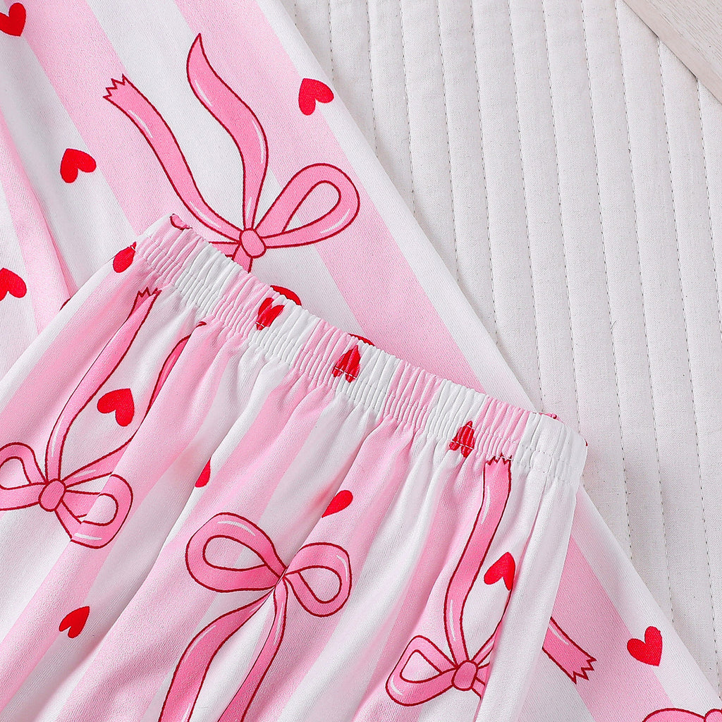 Bow Heart Print Long Sleeve Pajama Set - Pink - 4