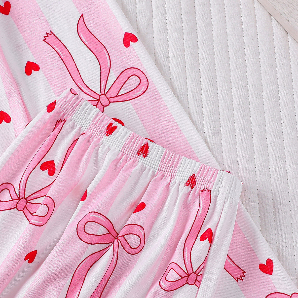 Bow Heart Print Long Sleeve Pajama Set - Pink - 4
