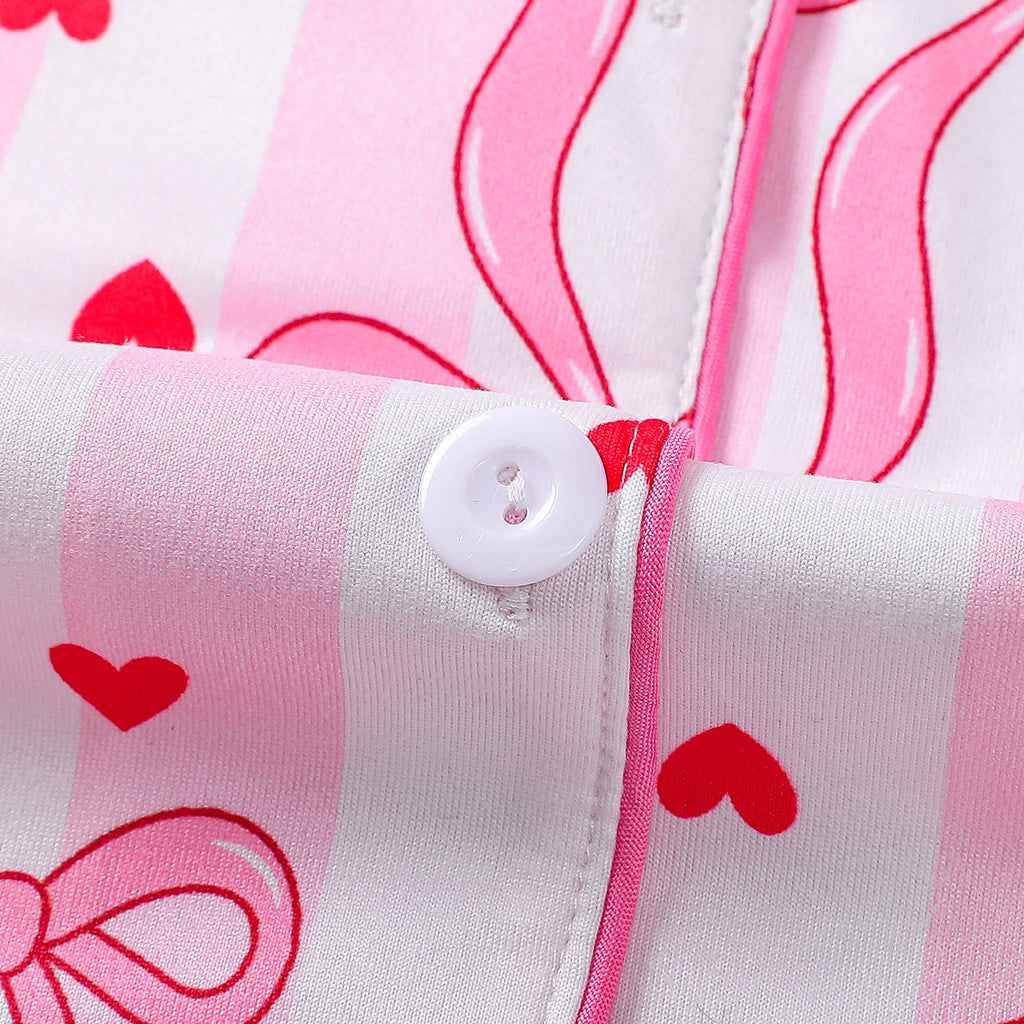 Bow Heart Print Long Sleeve Pajama Set - Pink - 5