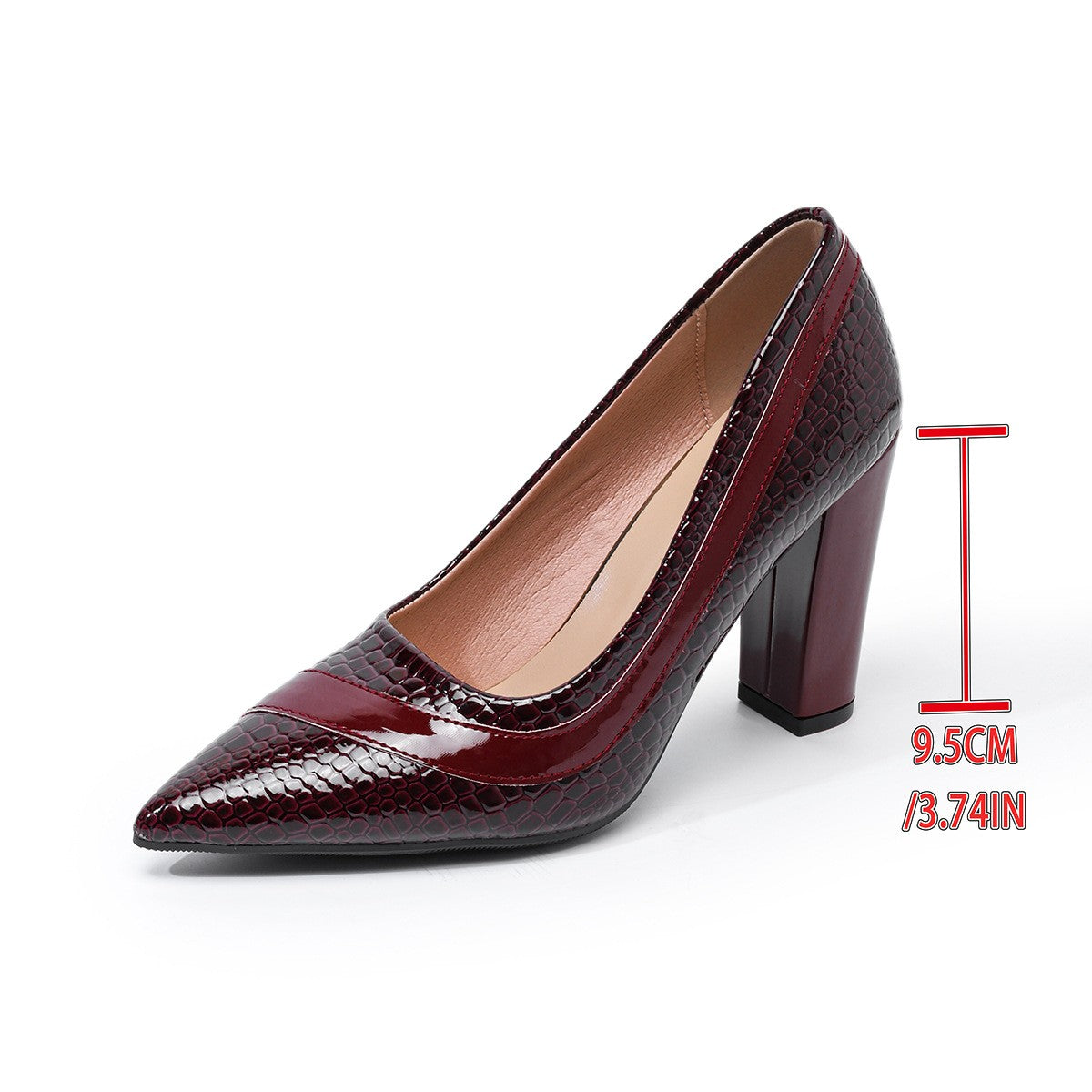 Croc Embossed Pointed Toe Block Heel Pumps - Burgundy