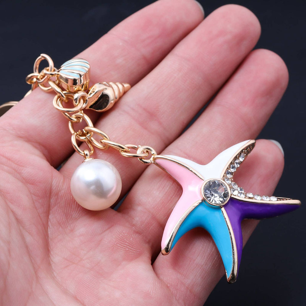 Enamel Starfish Pearl Drop Keychain