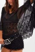 Sheer Chiffon Lace Trim Cape Blouse - Black