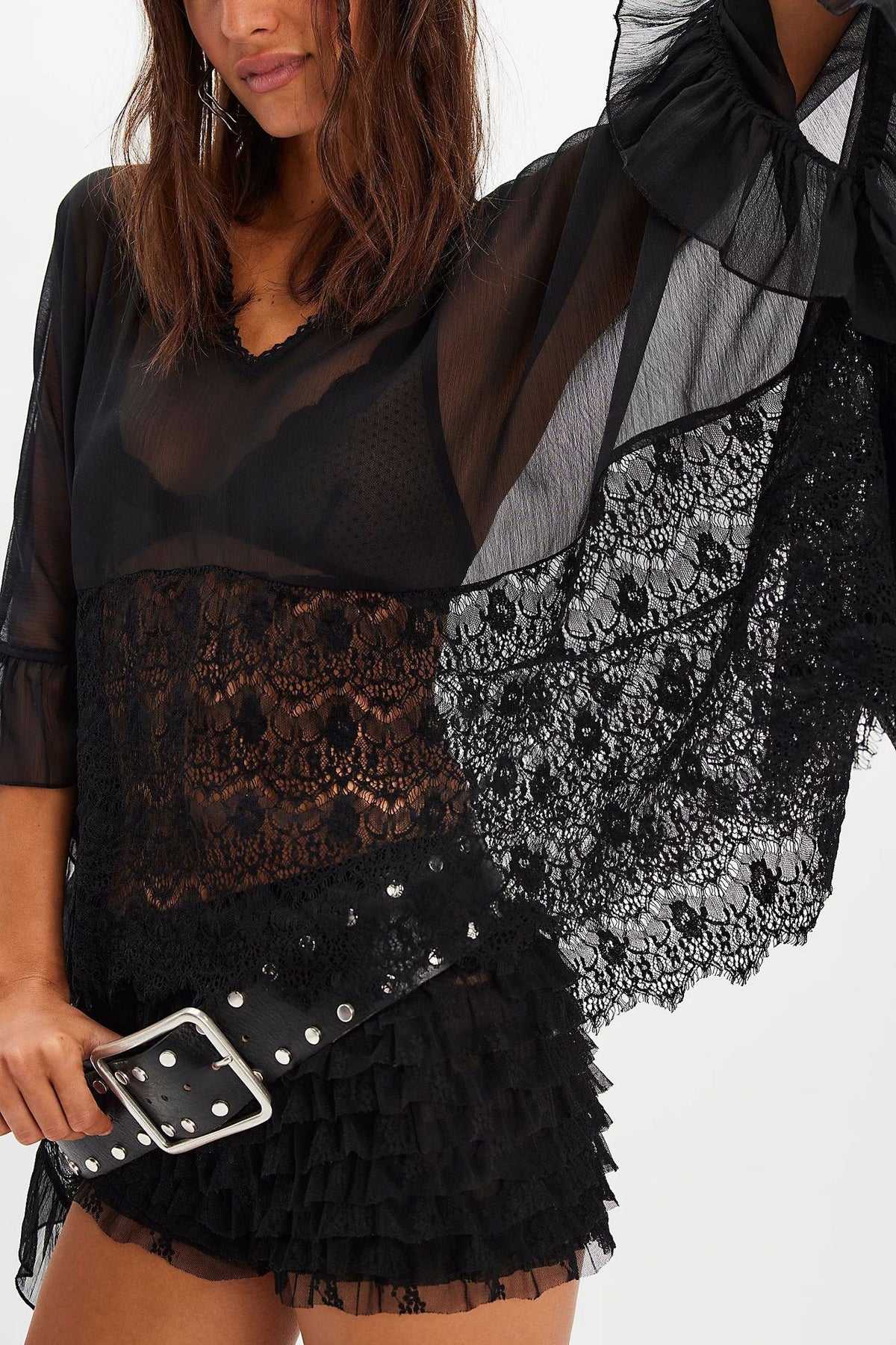 Sheer Chiffon Lace Trim Cape Blouse - Black
