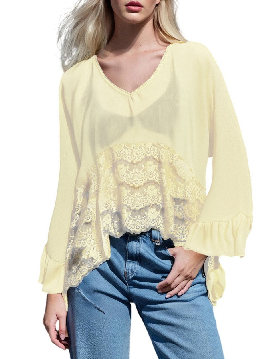 Sheer Chiffon Lace Trim Cape Blouse - Daffodils