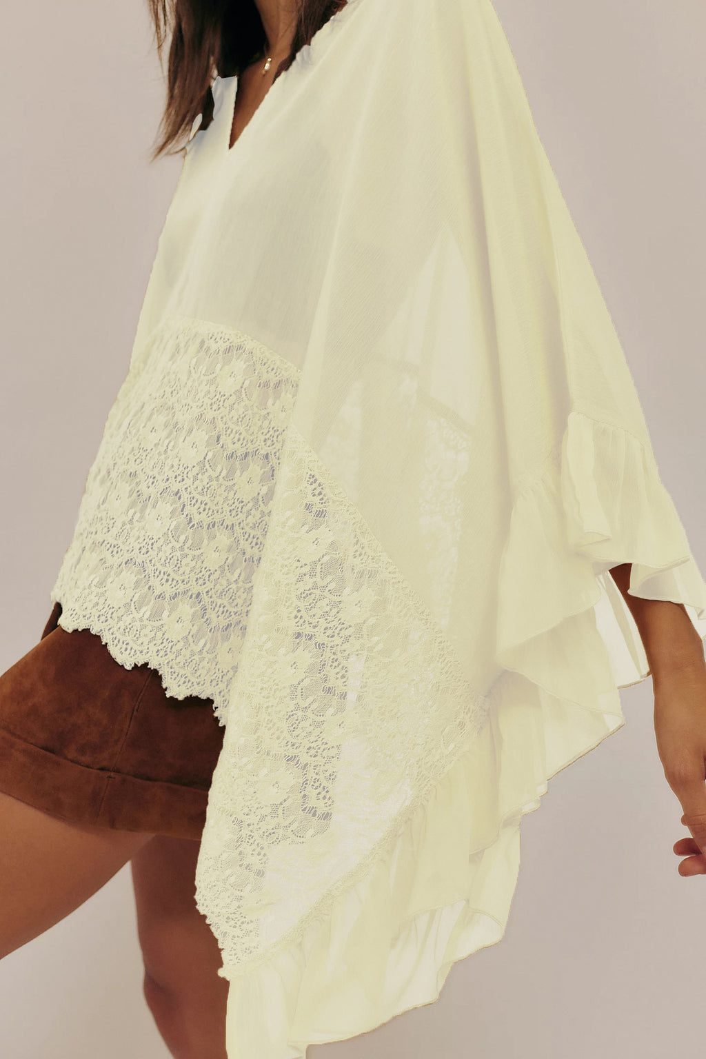 Sheer Chiffon Lace Trim Cape Blouse - Daffodils - 2